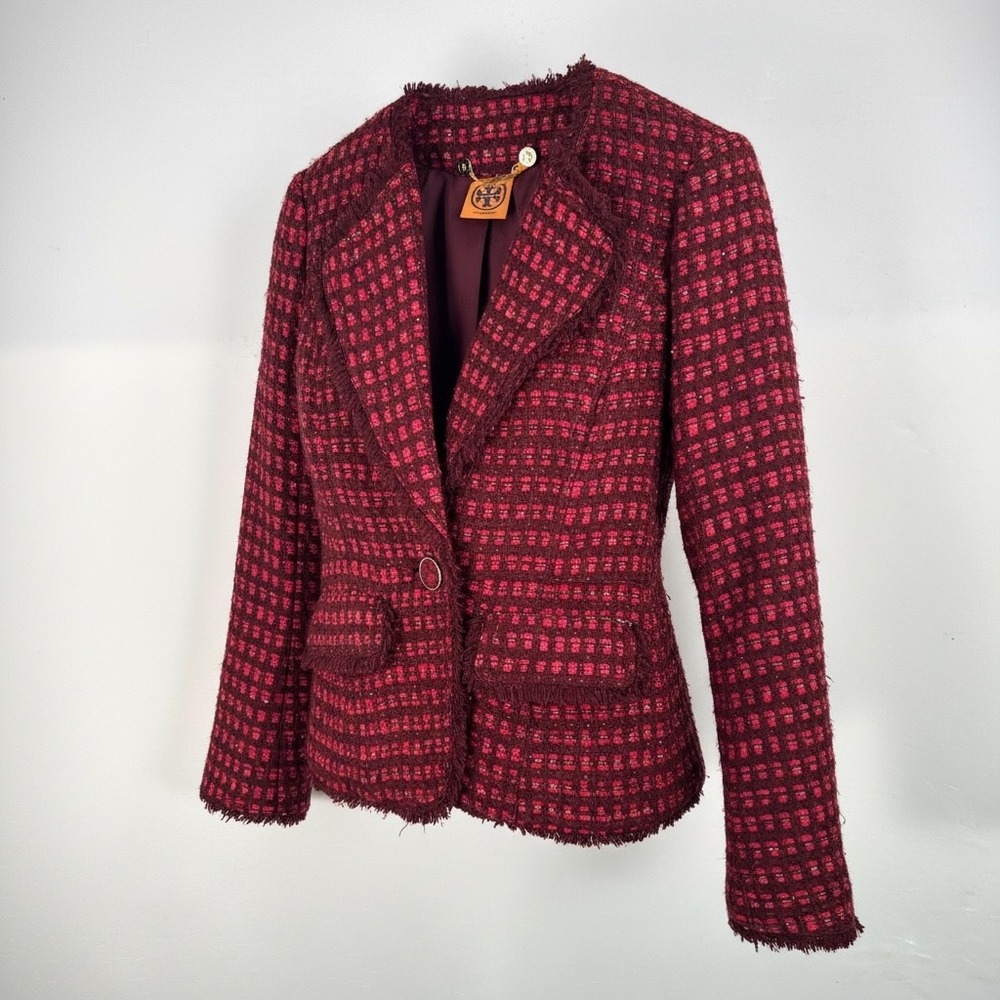 Tory Burch Tweed Blazer sz 4 Burgundy Metallic Fringe Trim money classic